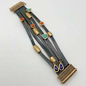 Barse Thai Leather Cuff Bracelet Turquoise Coral Lapis Gemstone Boho Vintage 6.5